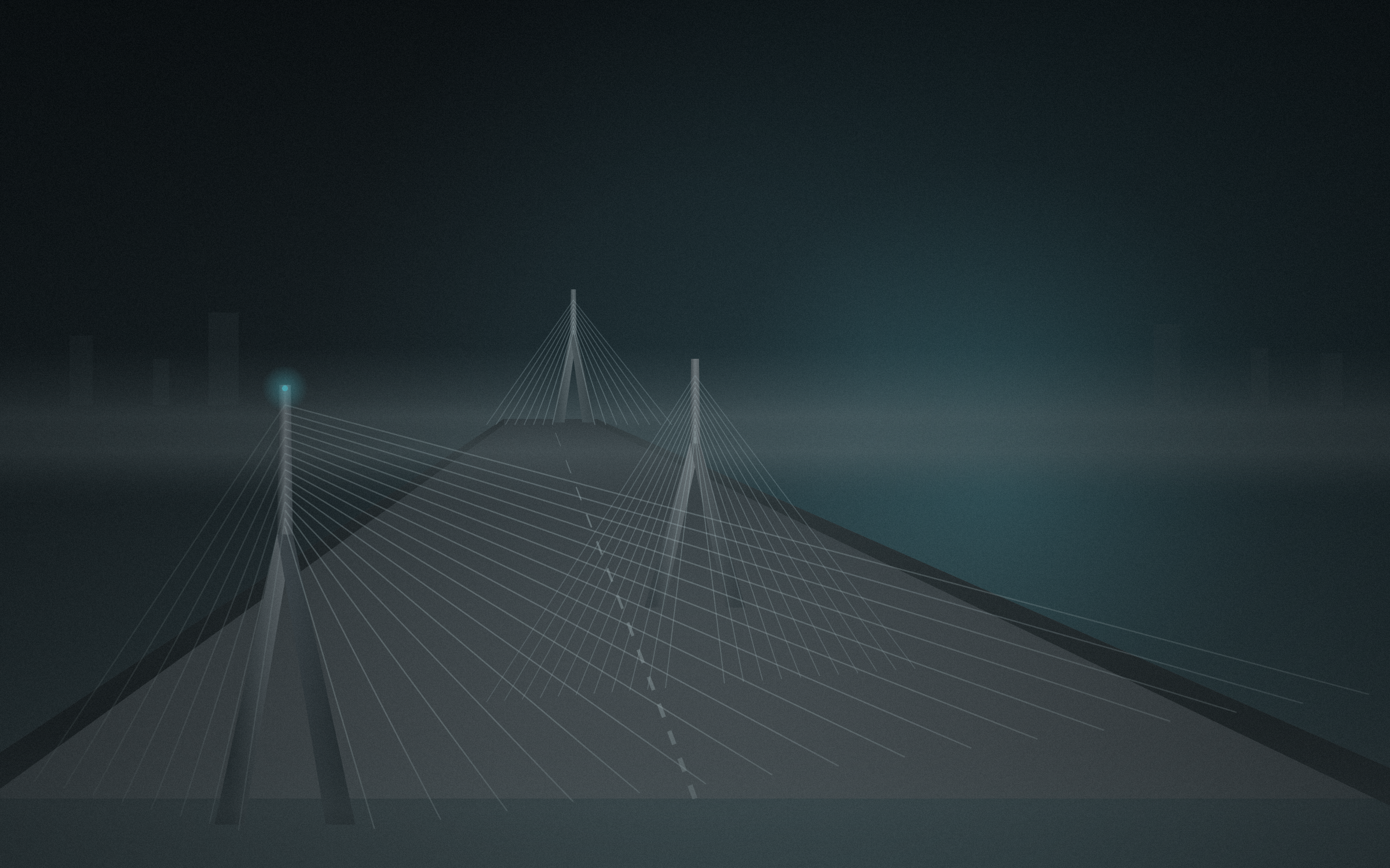 Cable-stayed concrete bridge emerging through fog